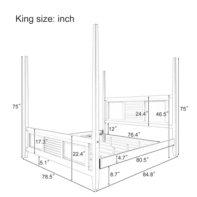 Wood Four Poster Bed Traditional Canopy Bed wHorizontal Grille Design