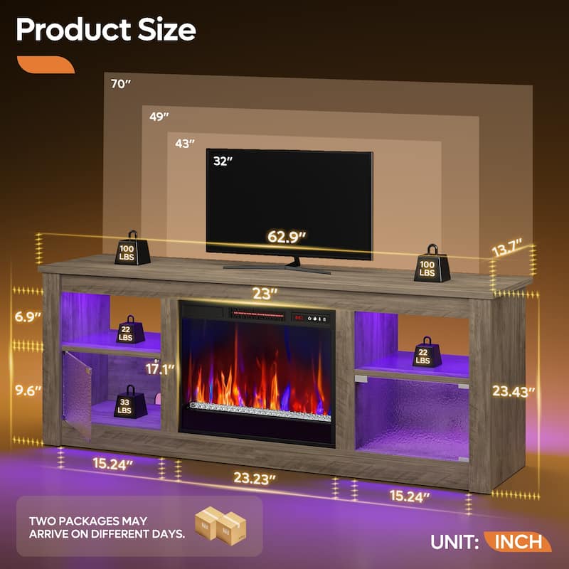 Bestier 63 in. Freestanding Media Console Electric Fireplace TV Stand Fits TV's Up to 70 in. with Cabinet - 62 inches