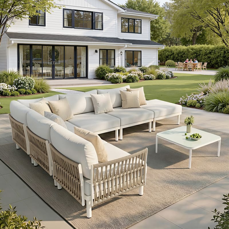 Outdoor Patio Aluminum PE Rattan Free Combination Sectional Sofa Conversation Seating Set - 6Seats - Beige
