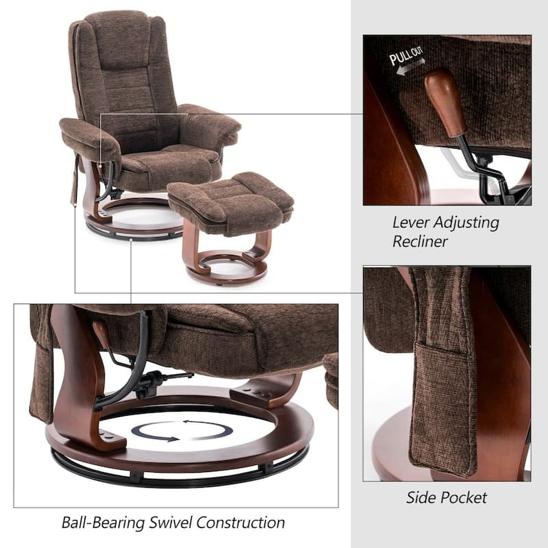 Mcombo Recliner Chair with Ottoman, Fabric Accent Chair with Vibration Massage, Swivel Chair with Wood Base, for Room 9099