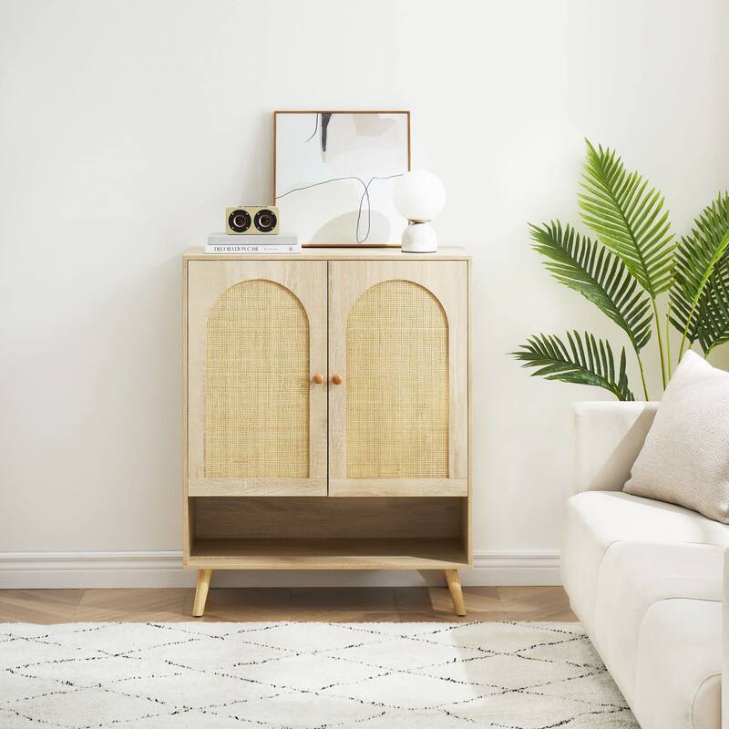 Ail 2 Doors Sideboard Buffet Cabinet Rattan Storage with 4-Tier Adjustable Shelves for Living Room - 15.7"W x 32.1"L x 39.4"H - 15.7"W x 32.1"L x 39.4"H - Oak