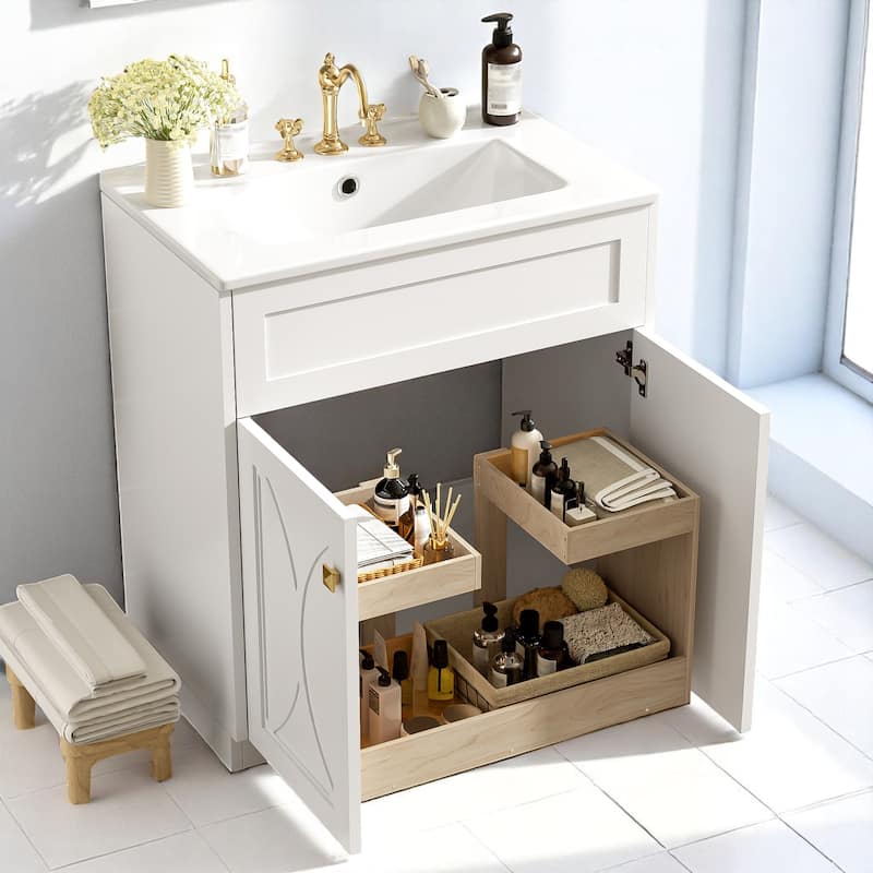 30 Inch Modern Bathroom Vanity with Sink, Solid Wood Frame, Undermount Basin, Storage Rack & 2 Doors