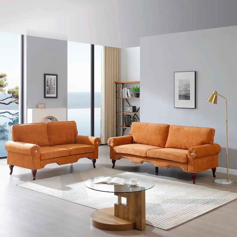 Linen Loveseat - Tufted Chesterfield Sofa - Orange - 2-Piece(66"+80")