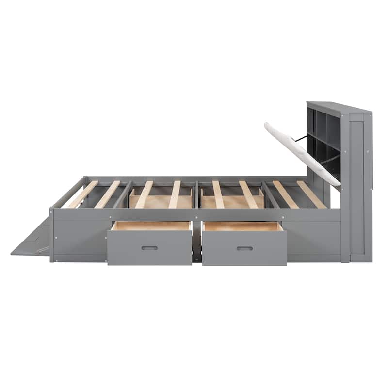 Wood Queen Size Platform Bed with Storage Headboard & shoe rack and 4 drawers