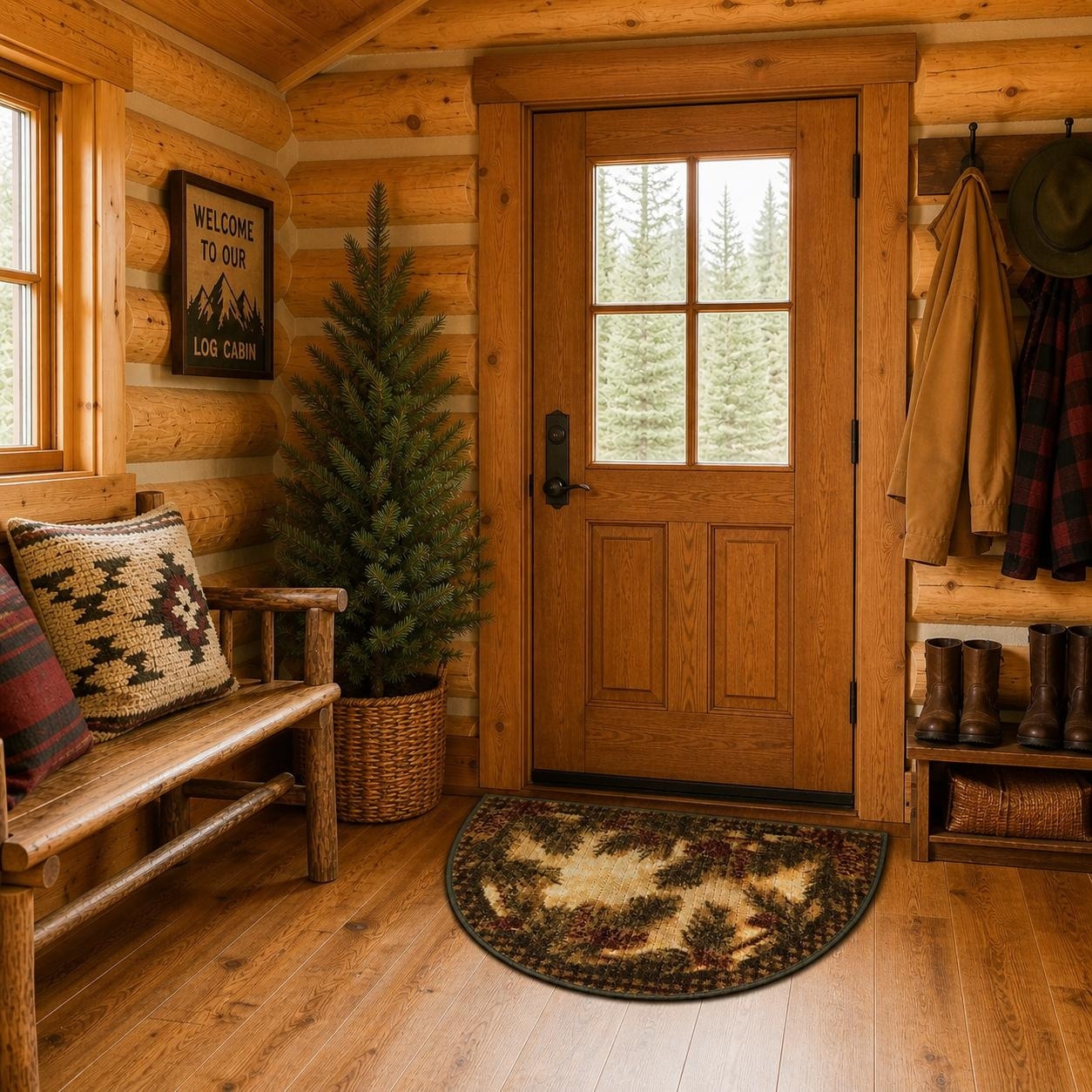 American Destination Pine Cone Gingham Nylon Washable Lodge Rug