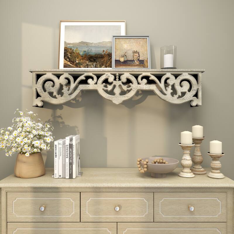 Beige Wooden 1 Shelf Scroll Room Wall Shelf with Gray Distressing