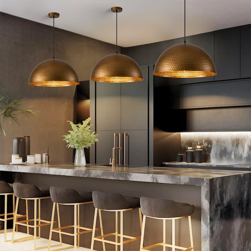 1-Light Industrial Farmhouse Oversized Pendant Gold Leaf Hammered Semi-Sphere Dome Pendant Light for Kitchen Island