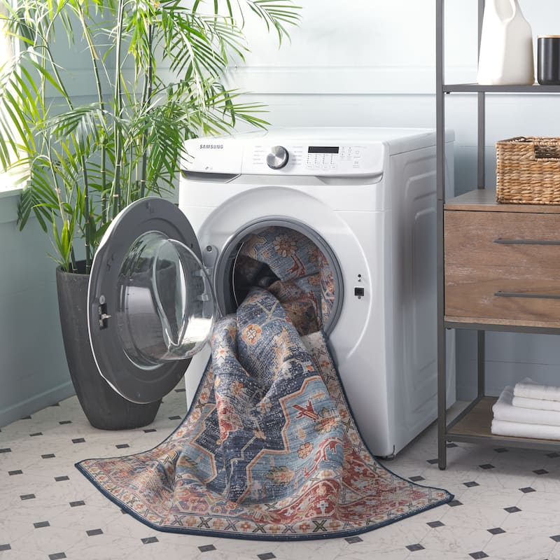 SAFAVIEH Tucson Machine Washable Slip Resistant Mallie Oriental Medallion - 2' 6" x 4' - Blue/Rust - Rectangle