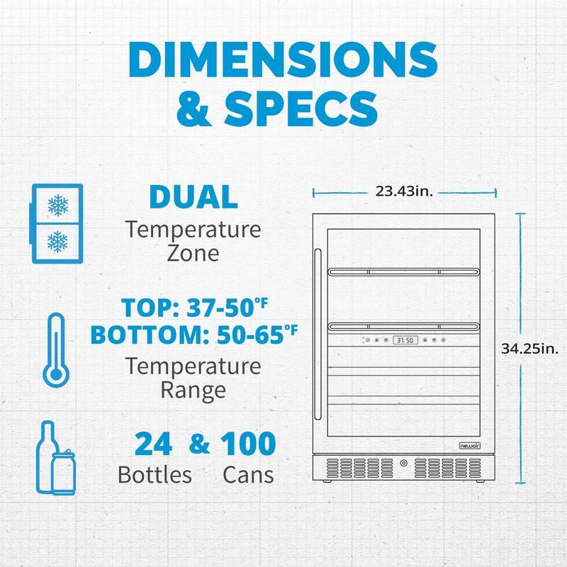 Newair Wine and Beverage Splitshelf Refrigerator, 24 Bottles and 100 Cans, Splitshelf Built-in Counter or Freestanding Fridge