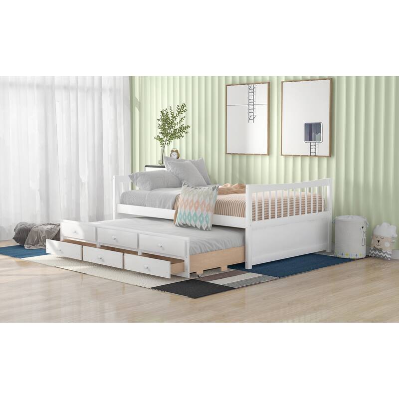 Wooden Twin/Full Size Daybed with Pull-Out Trundle & Drawers, No Box Spring Needed