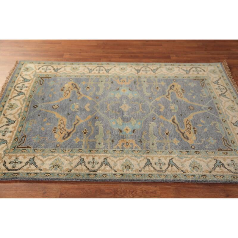 Light Blue Oushak Oriental Rug Handmade Wool Carpet - 4'2"x 5'11"