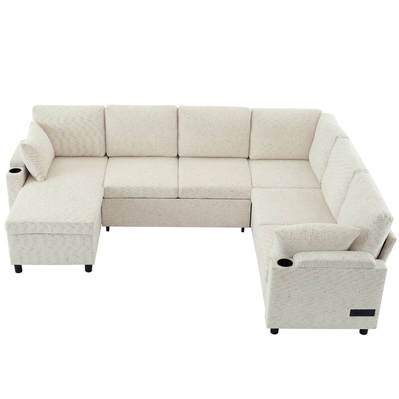 U-Shaped Chenille Sectional Sofa with Storage Chaise Lounge, Convertible Sleeper Sofa Bed with Cup Holders & Charging Ports