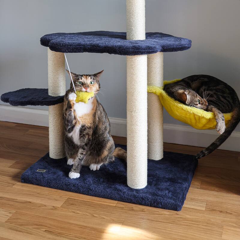 Aurora 49" 3-Tier Modern Sisal Moon And Stars Cat Tree with Scratching Posts, Basket, and Fuzzy Bell Toys, Navy/Yellow/White