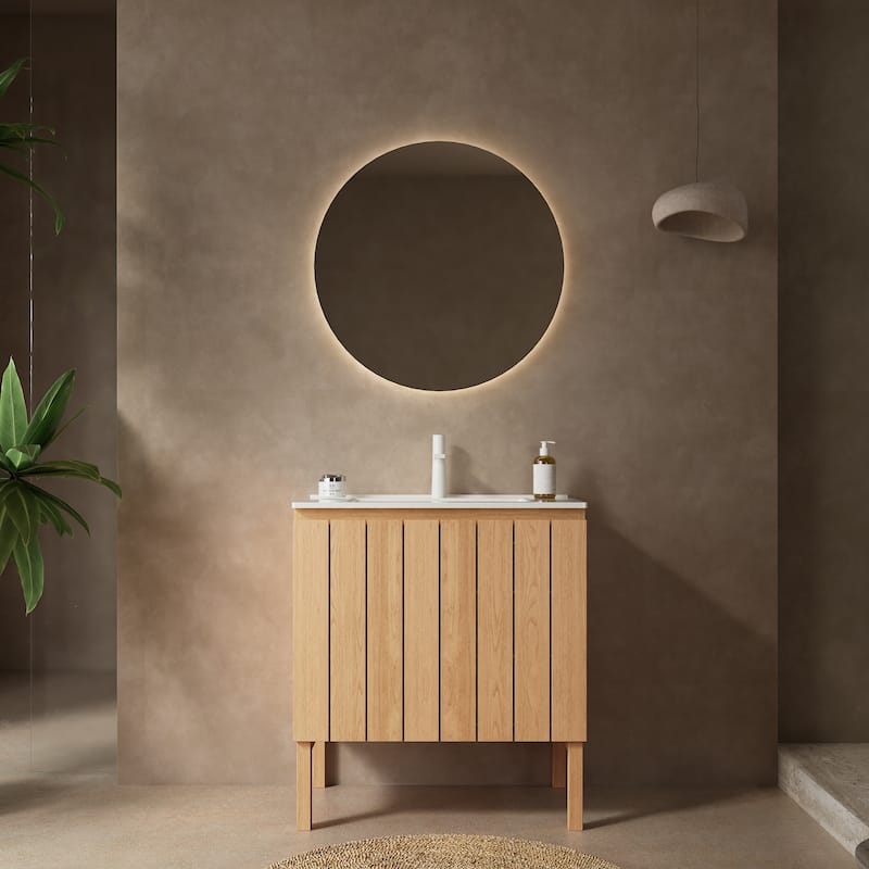 GDFStudio - Niko Modern 30" Freestanding Bathroom Vanity with Double Doors & White Ceramic Basin, WITHOUT Faucet - Natural Wood