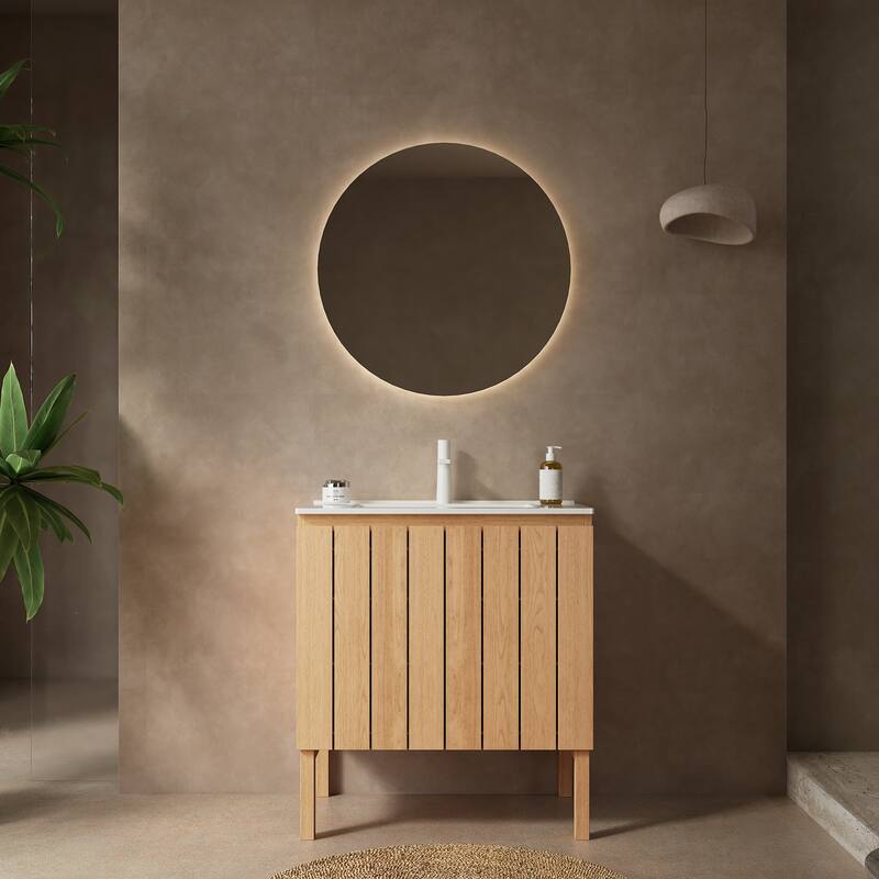 Small Single Sink Bathroom Vanity with Wide Vertical Stripes 2 Doors - Natural Wood,White