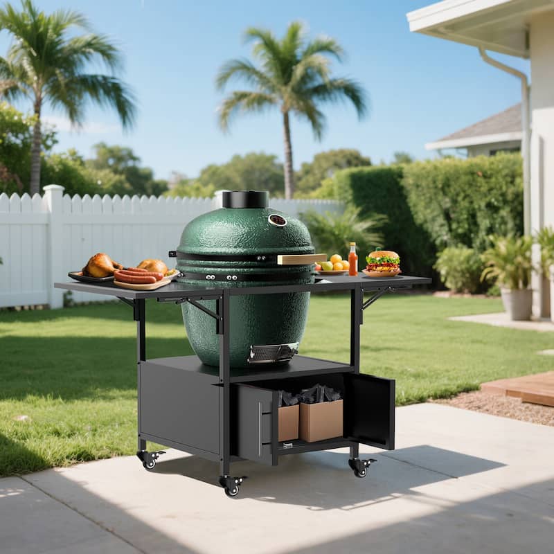 Outdoor Grill Table for Big Green Egg Style BBQ, Metal Grill Cart with 2 Folding Panels, Compatible with up to Large Green Egg