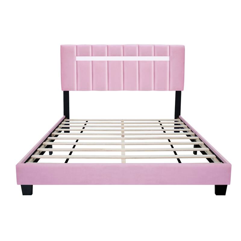 Pink Modern Velvet Upholstered Platform Bed with Adjustable Features for Bedroom