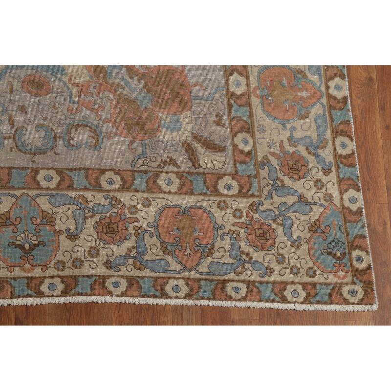 Distressed Floral Tabriz Persian Vintage Area Rug Handmade Wool Carpet - 9'4"x 12'10"