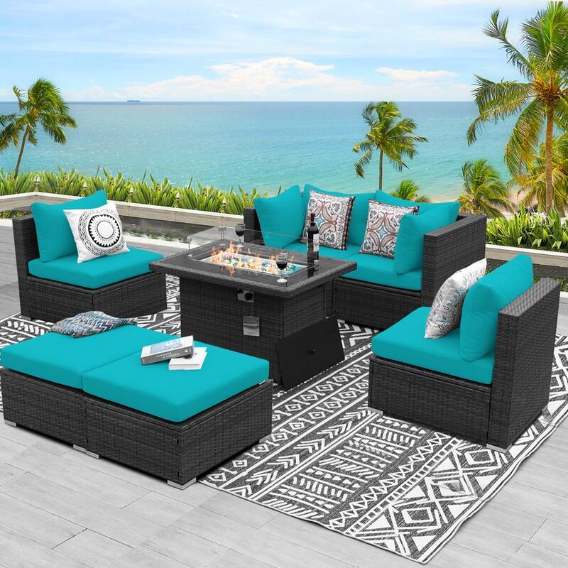 FINCATI Outdoor High-back Wicker Patio Sectional Set, 500 lbs Luxury Oversized Conversation Set, Spacious Couch Set - 222100 - Teal