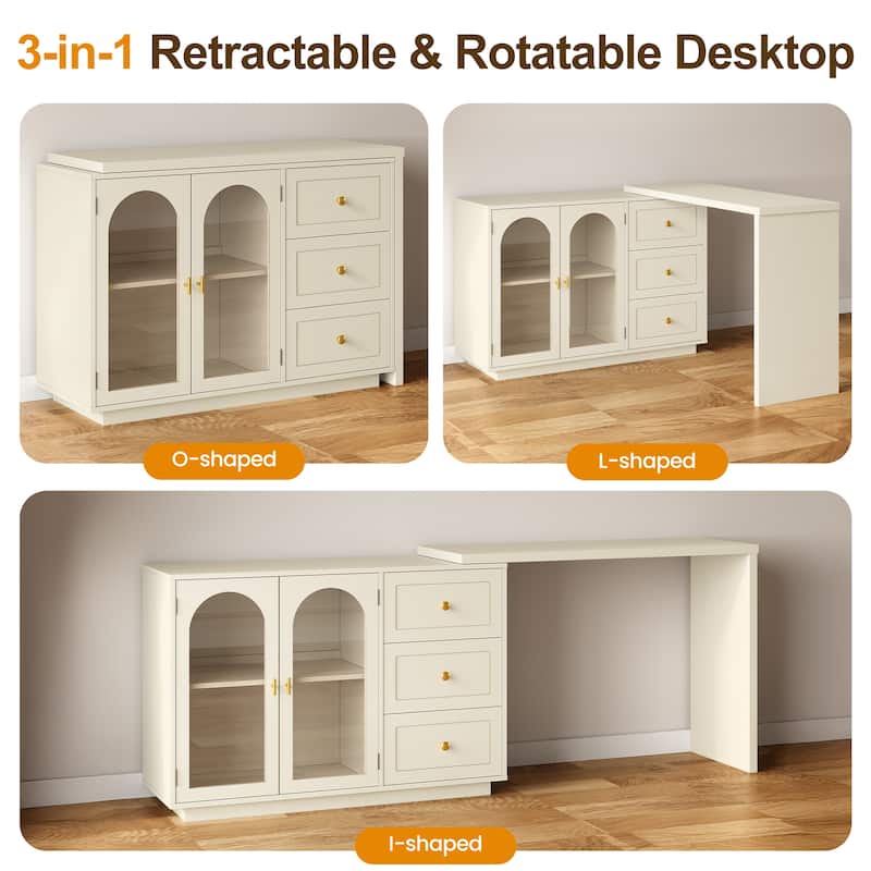 Extendable Makeup Vanity Desk with 3 Drawers & 2 Doors