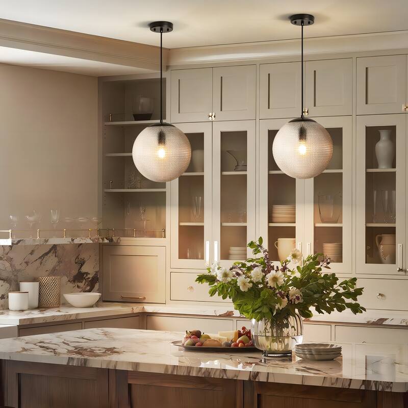 1-Light Modern Indoor Matte Black Finish Kitchen Island Pendant Lights with Globe Diamond Textured Grey/Clear Glass Shade