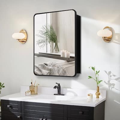 Black Rectangular Surface Mount Bathroom Medicine Cabinet with Mirror with LED Light and Anti-Fog