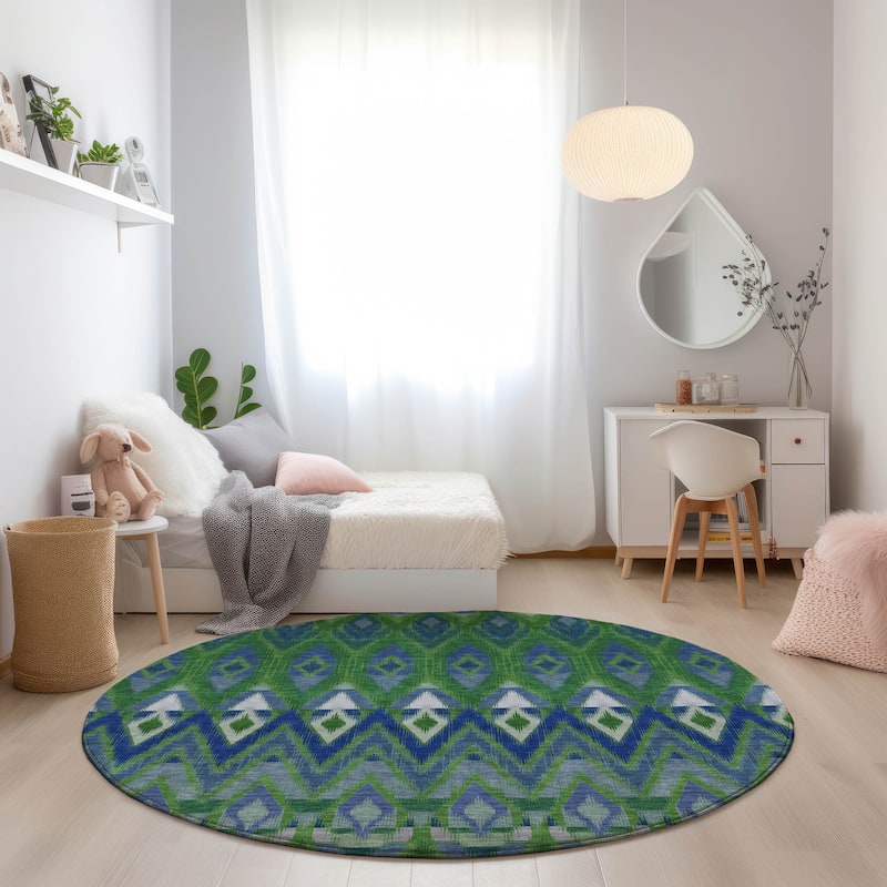 Machine Washable Indoor/ Outdoor Chantille Geometric Boho Rug - Green - 8' x 8'