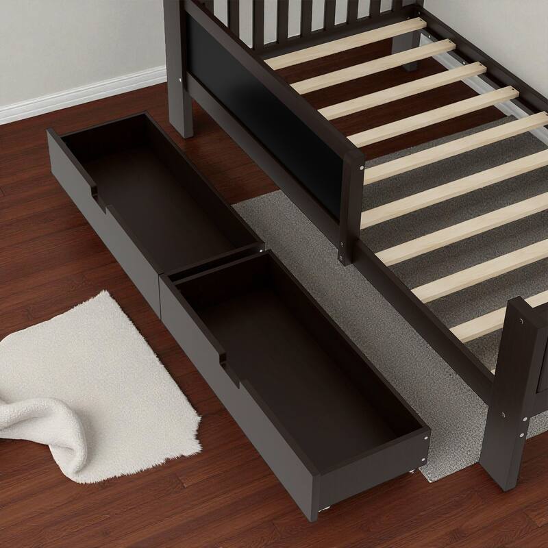 Twin/Full Solid Wood Platform Bed with Chalkboard Headboard, Storage Drawers and Shelves, Space-Saving Kids Bed