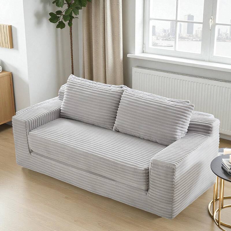 Convertible Memory Foam Loveseat Sofa Bed, No-Assembly Corduroy 2-in-1 Couch with Steel Frame for Small Spaces - Light Grey