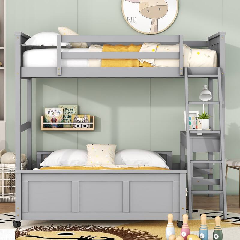 Bunk Bed with Built-in Desk and 2 Drawers, Wooden Separated Bedframe