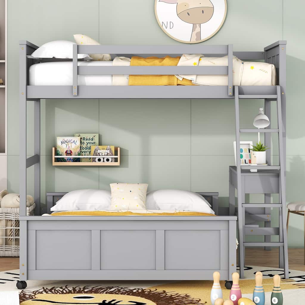 Bunk Bed with Built-in Desk and 2 Drawers, Wooden Separated High Loftbed and Platform Bedframe, for Kids Teens Adults Bedroom