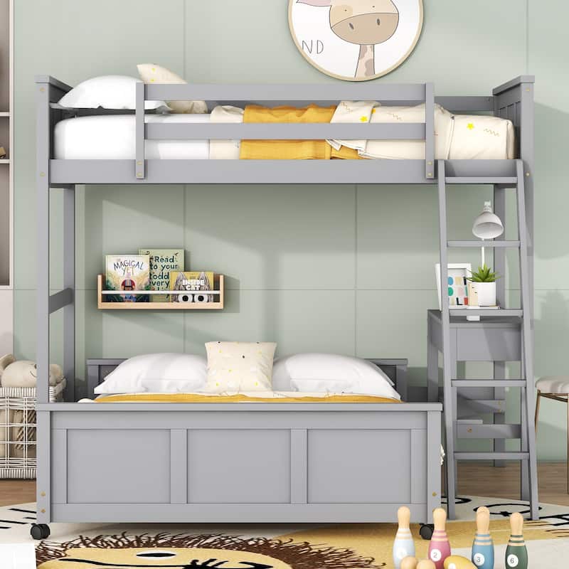 Space-Saving Twin Over Full Bunk Bed with Built-in Desk in Gray