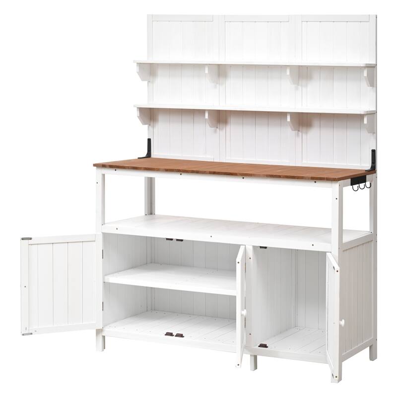 Roomfitters 50 Inch Solid Fir Wood Potting Bench with Hutch and Cabinets, Garden Workstation Table - White