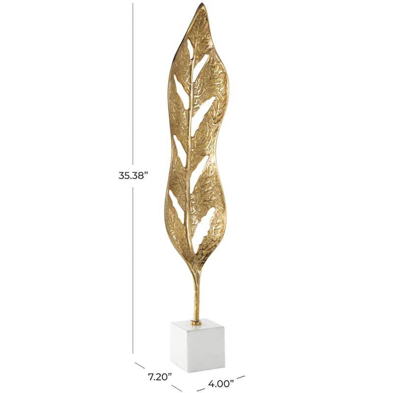 Gold Aluminum Metal Tall Textured Cutout Leaf Sculpture with White Marble Base