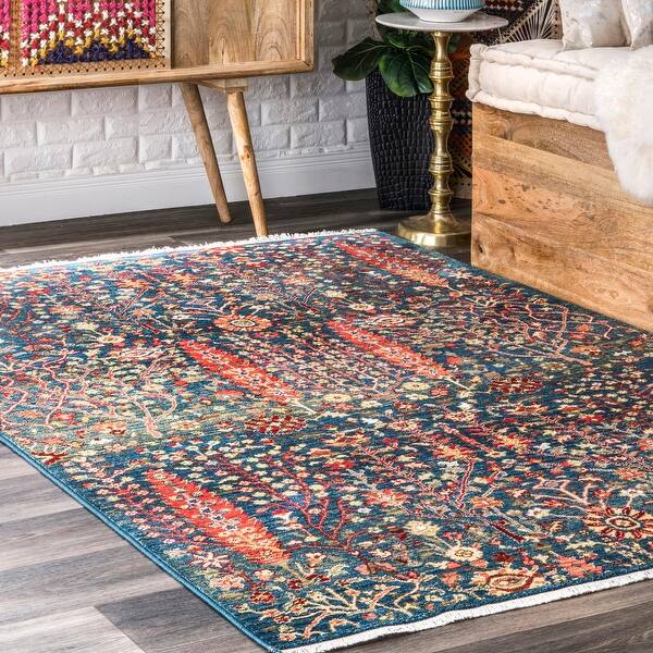 Shop The Curated Nomad Capp Blue Floral Vines Fringe Area Rug Overstock 25483329