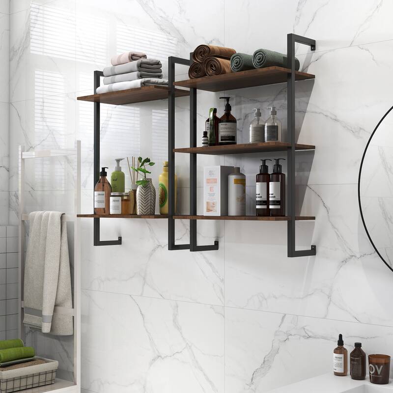 Roomfitters 3-Tier and 2-Tier Wall Mounted Shelves, Metal and Wood Hanging Storage Rack, Walnut - Walnut