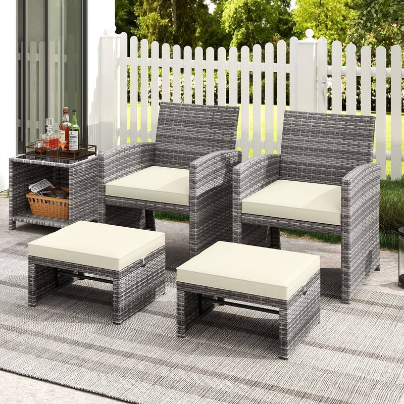 Gymax 2 Pieces Patio PE Rattan Ottomans with Soft Zippered Cushions