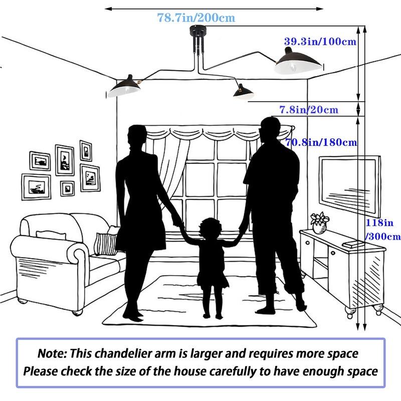 Modern Chandelier Mid Century Light Fixtures, Black 3 arm Chandelier - 78.7*39.3in