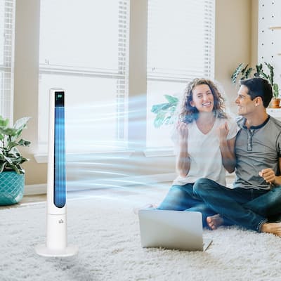 HOMCOM Freestanding Tower Cooling Swivel Fan for Bedroom, 3 Speeds, 12-Hour Timer, LED Display, Remote Control