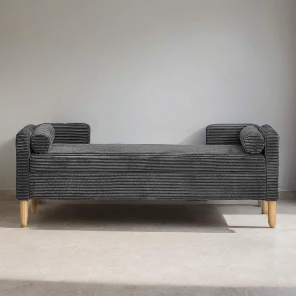 Corduroy Storage Bench with Bolster Pillows, 350LB, Natural Wood Legs