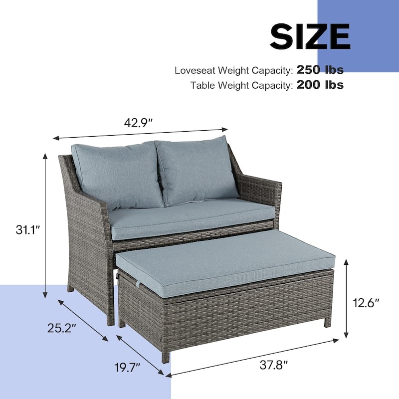 2-Piece Outdoor Patio Furniture Wicker Loveseat and Storage Ottoman