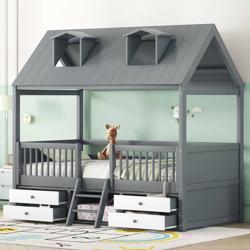 Twin Size Wood House Bed with Roof and Drawers