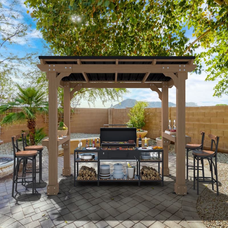 VEIKOUS Wood BBQ Grill Gazebo with Steel Roof for Patio Garden Backyard and Lawn