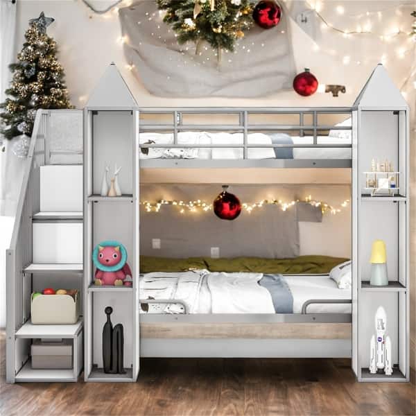 slide 2 of 12, Castle-Shaped Twin over Twin Bunk Bed with Storage White+gray