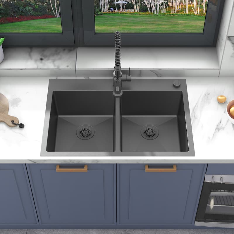 Sinber Drop in Double Bowl 304 Stainless Steel Kitchen Sink - 33" x 22" x 9"(Sink Only) - Black