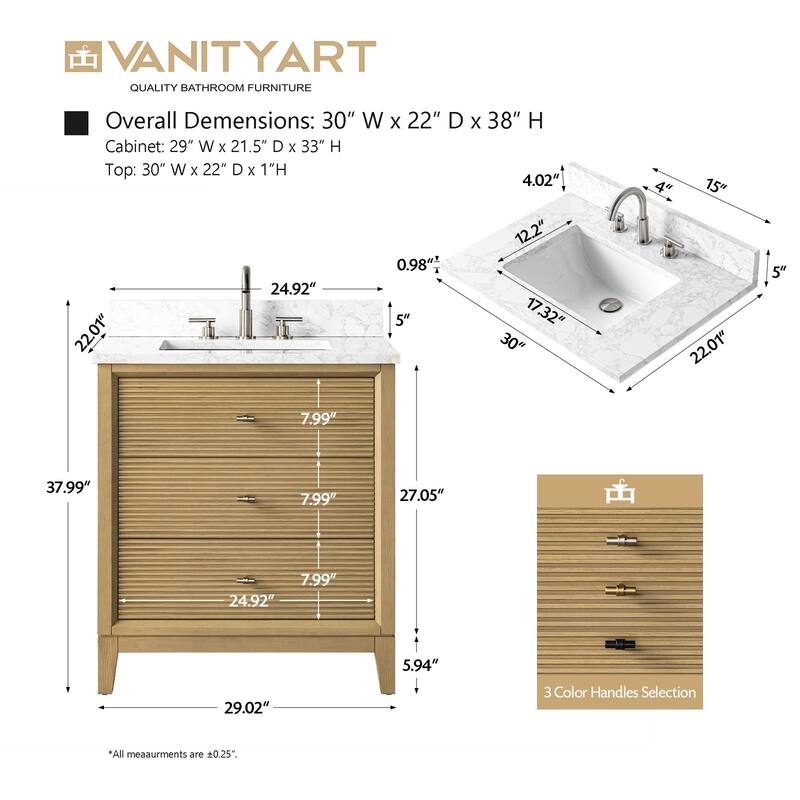 Vanity Art 30" Freestanding Bathroom Vanity with Engineered Marble Top and Sink