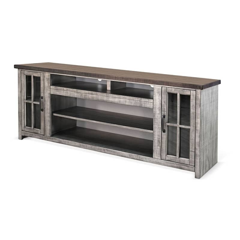 Leyla TV Stand Media Cabinet, 2 Doors, Shelves, Gray-Brown Wood 76 Inch