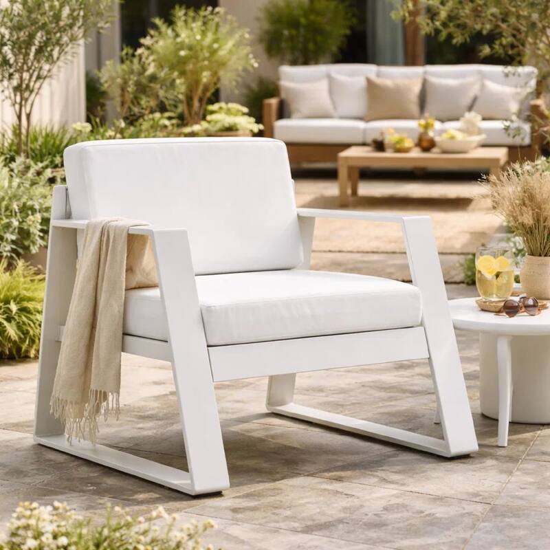 Xia 32 Inch Armchair, White Aluminum Frame, Fade Resistant Fabric Cushions