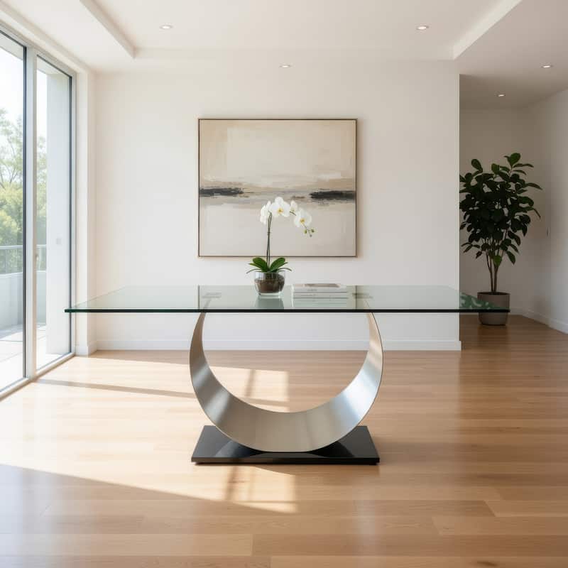 Metal and Glass Dining Table with Unique U Shape Pedestal Base, Chrome and Black