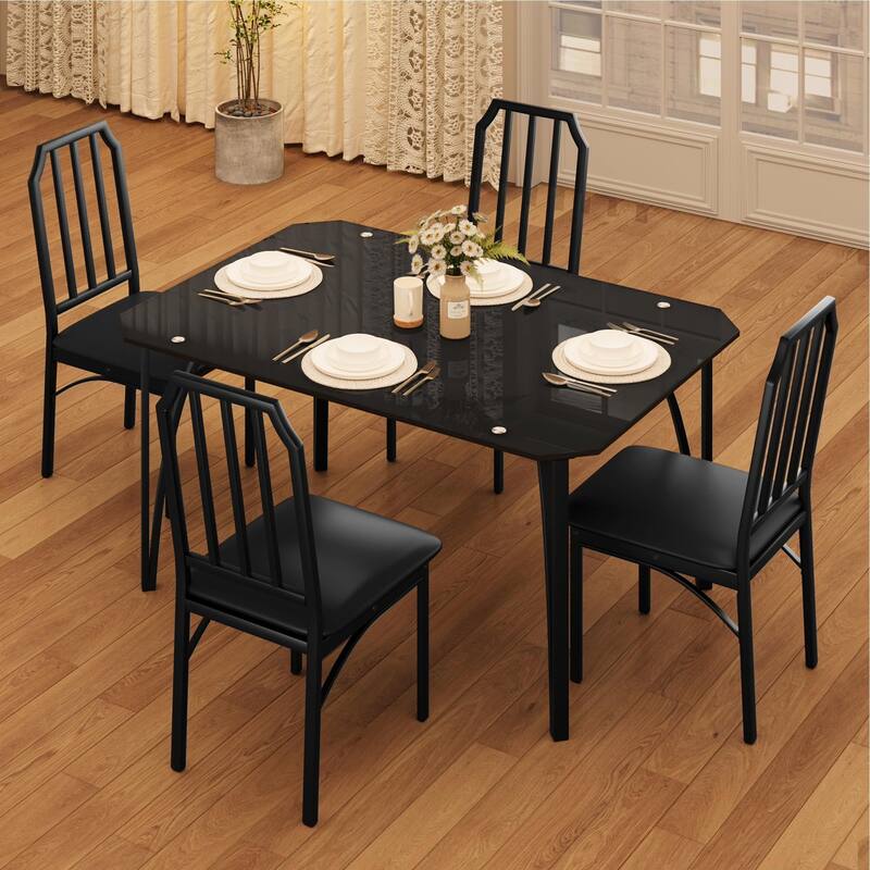 Dining Table Set for 5, Metal Frame & Glass Table, with Cushion Chairs